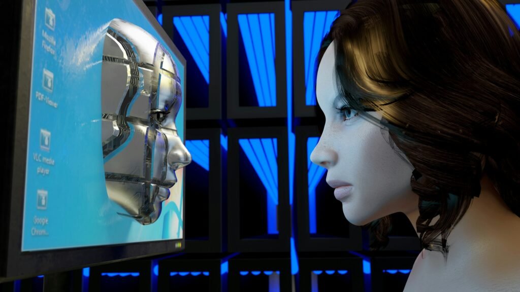 A woman observing a robotic face - exploring unique human skills AI cannot replace.