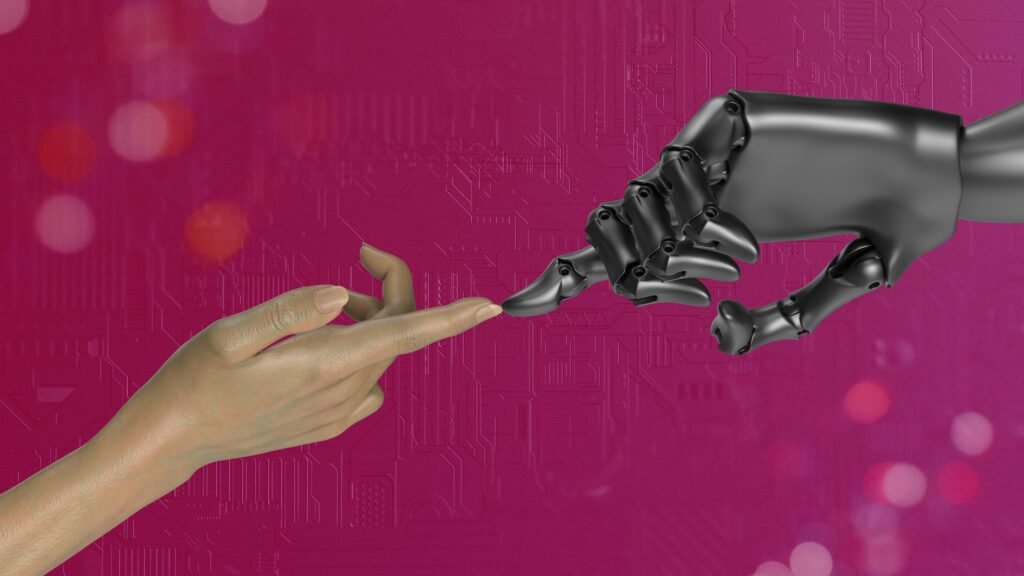A human hand reaching toward a robotic hand, illustrating the synergy between emotional intelligence and AI automation workflows and presenting the use of ai as leverage